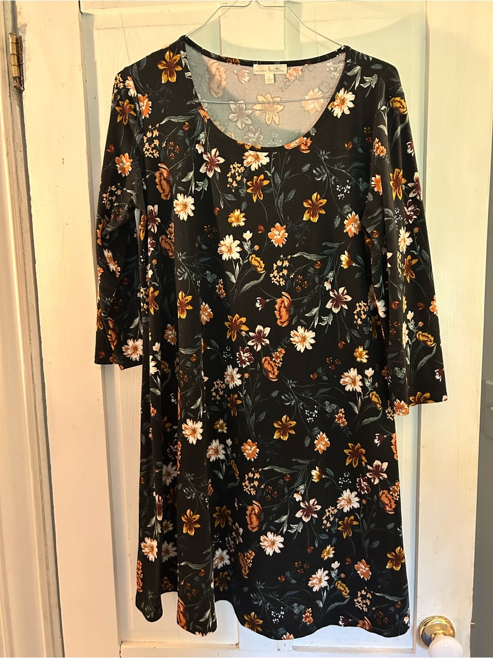 nine britton Black Floral A-Line Dress with Orange and White Blooms